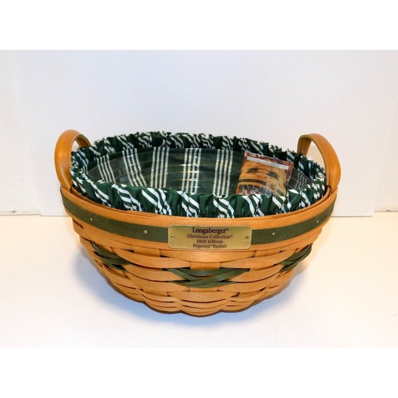 Longaberger Other - Popcorn Basket w/ Liner & Protector 1999 Christmas Holiday Longaberger GREEN